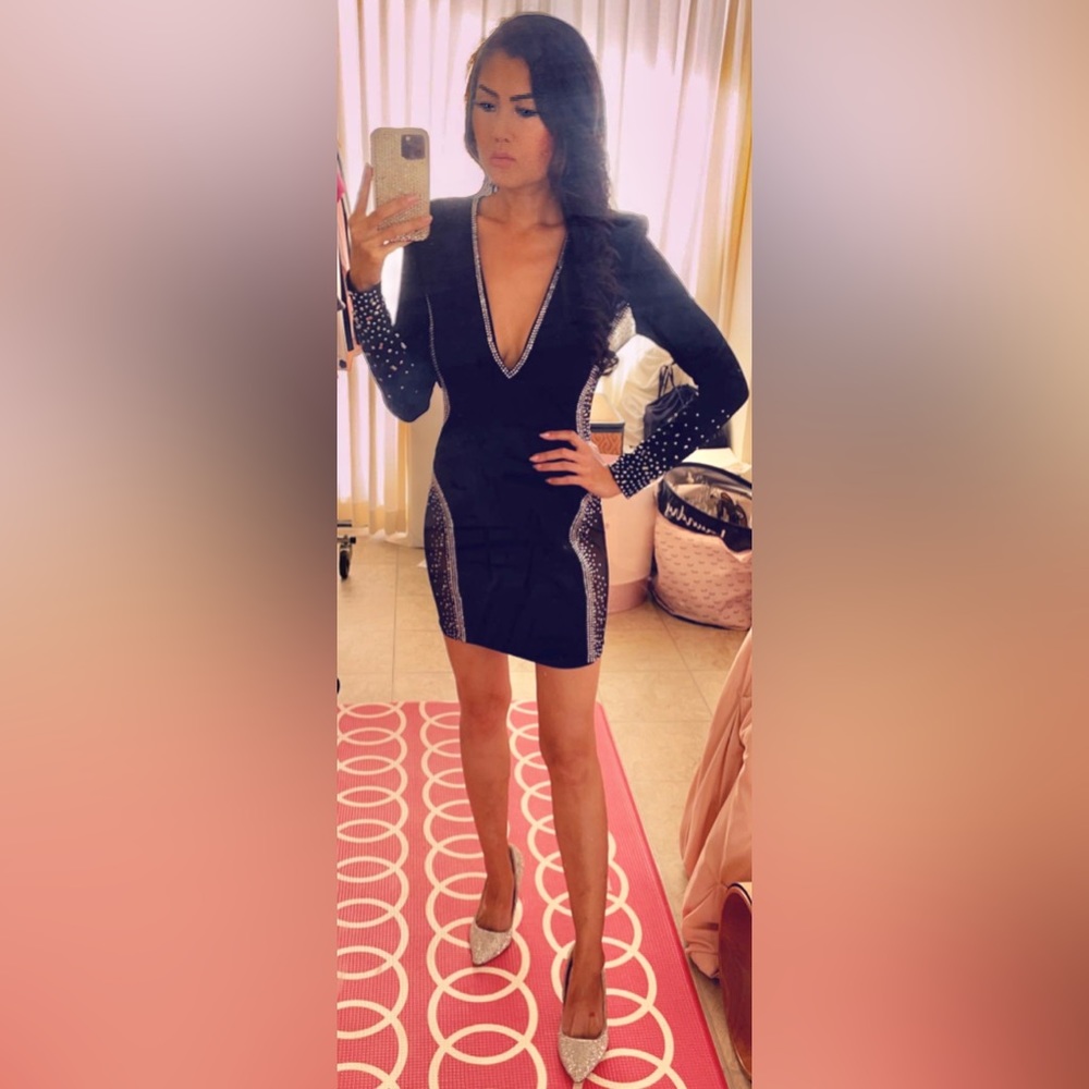 Windsor Black Rhinestones Deep V-Neck Sheer Mesh Side Cut Outs Blazer Mini Dress